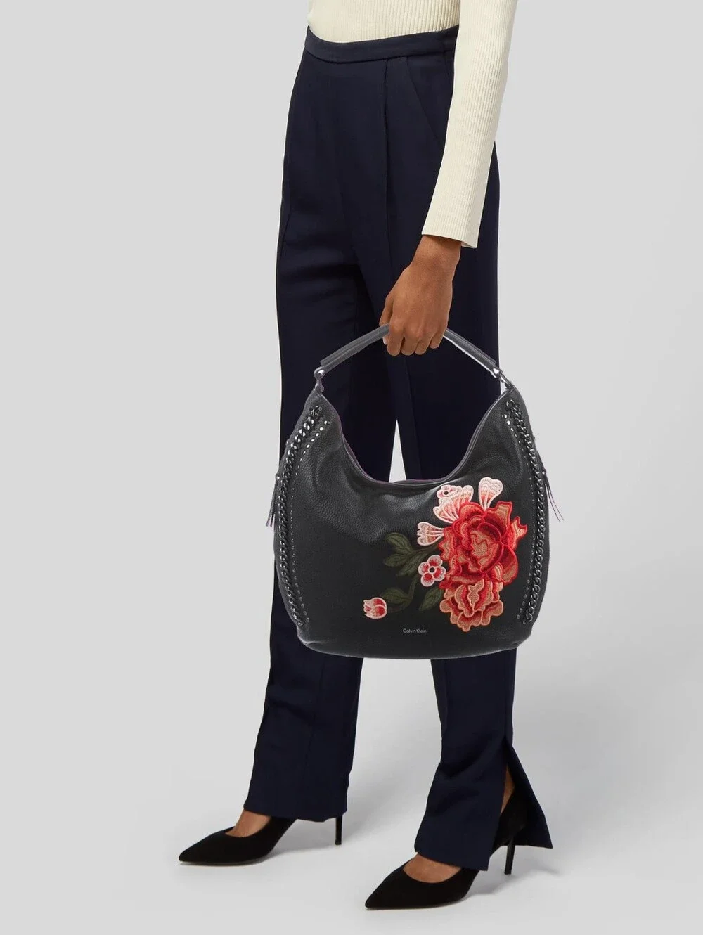 Calvin Klein Samira Black Leather Hobo Bag with Red Floral Embroidery NWT